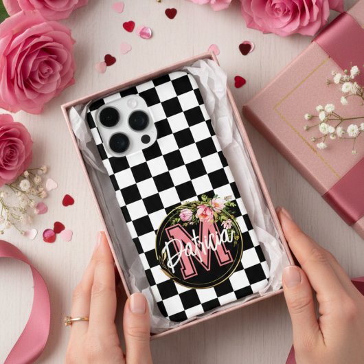 roze monogram Bloem zwart-wit Gecontroleerde as Case-Mate iPhone Case