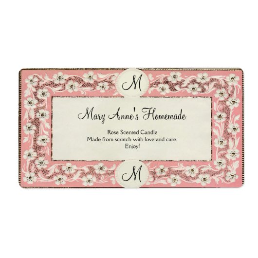 Roze Monogram Bloemen Aangepast Label (Voorkant)