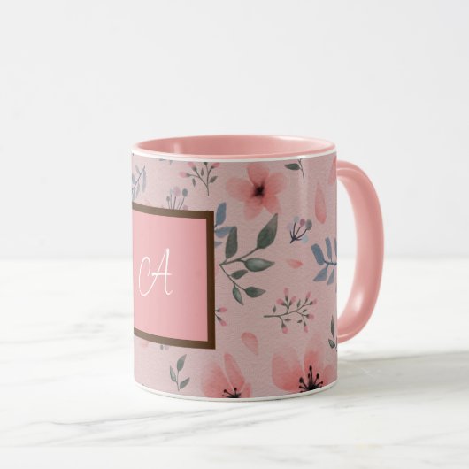 Roze Monogram Bloemenpatroon Eenvoudige Boho  Mok (Voorkant rechts)