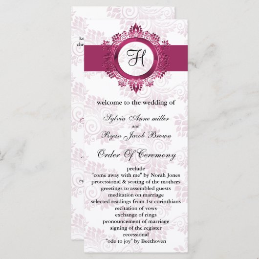 roze monogram bruiloft programma programmakaart (Voorkant / Achterkant)