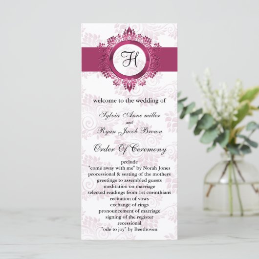 roze monogram bruiloft programma programmakaart (Staand voorkant)