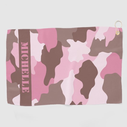 Roze monogram Camouflage Naam Golfhanddoek (Horizontaal)