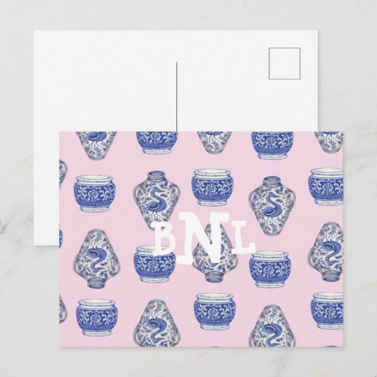 Roze Monogram Chinoisserie Ginger Jar Feestdagenkaart (Voorkant / Achterkant)