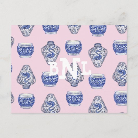 Roze Monogram Chinoisserie Ginger Jar Feestdagenkaart (Voorkant)