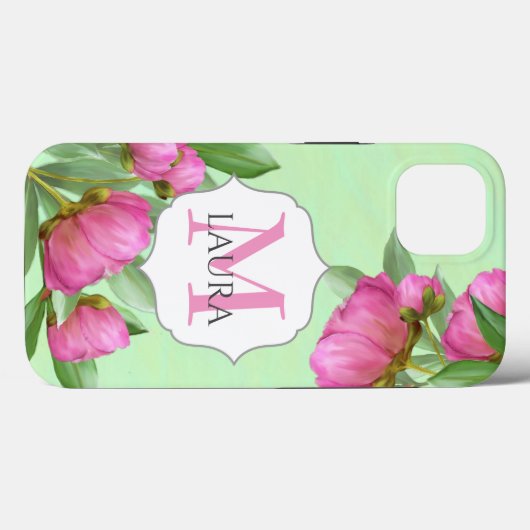 Roze Monogram Custom Bloemen Botanische Pioenen Case-Mate iPhone Case (Achterkant (horizontaal))