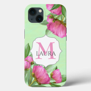 Roze Monogram Custom Bloemen Botanische Pioenen Case-Mate iPhone Case