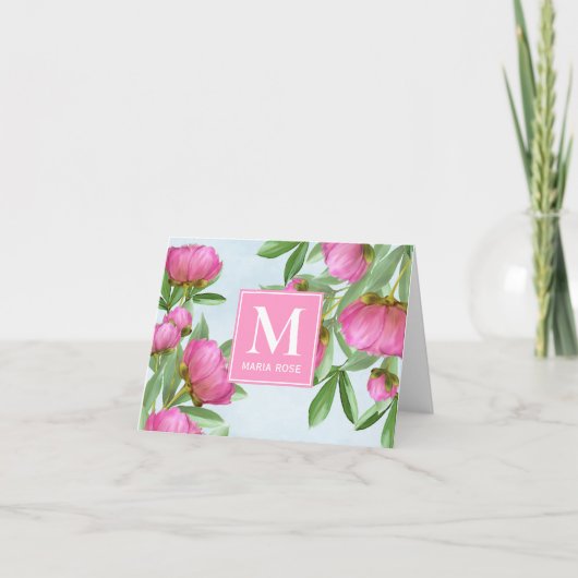 Roze Monogram Custom Bloemen Groen Pioenrozen Notitiekaartje (Voorkant)