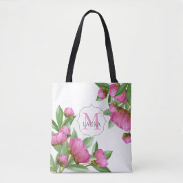 Roze Monogram Custom Elegante Botanische Pioenen Tote Bag