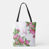 Roze Monogram Custom Elegante Botanische Pioenen Tote Bag (Achterkant)