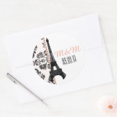 Roze Monogram Damask Eiffeltoren Bruiloft Ronde Sticker (Envelop)