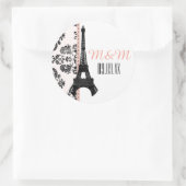 Roze Monogram Damask Eiffeltoren Bruiloft Ronde Sticker (Tas)