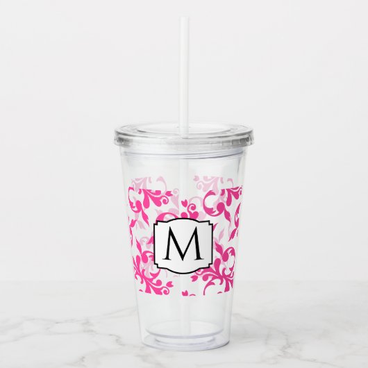 Roze Monogram Damast Acryl Drinkbeker (Voorkant)