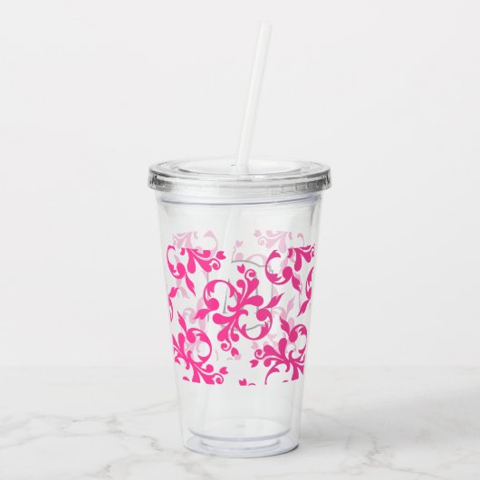 Roze Monogram Damast Acryl Drinkbeker (Achterkant)