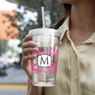 Roze Monogram Damast Acryl Drinkbeker