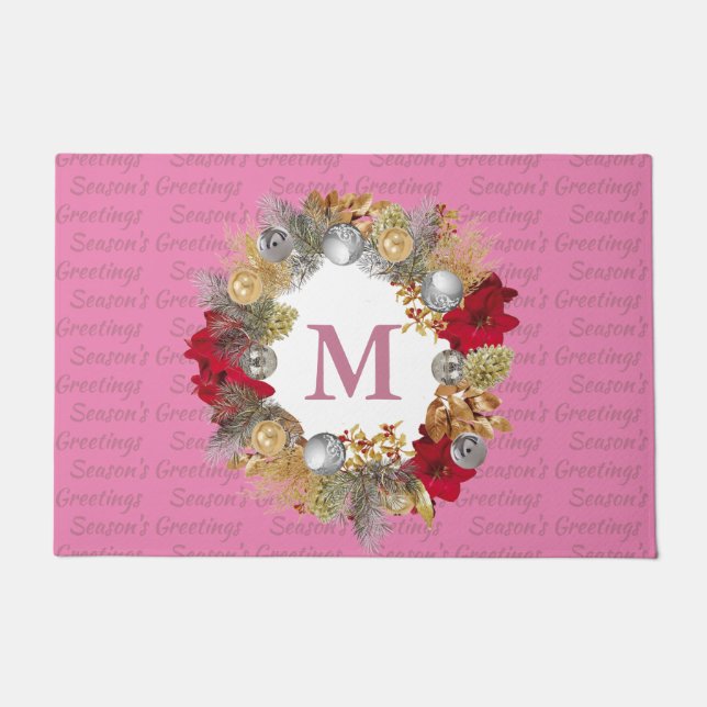 Roze MONOGRAM Decoratieve kerstmis Wreater Deurmat (Voorkant)