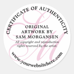 Roze Monogram Elegant Certificaat van Echtheid Ronde Sticker