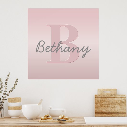  roze monogram en Jouw naam script bevestigen Poster (Keuken)