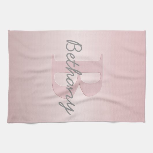 roze monogram en Jouw naam script bevestigen Theedoek (Horizontaal)