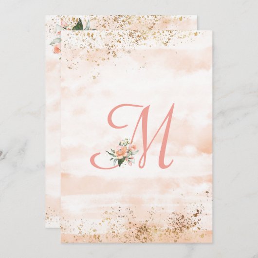  roze monogram Floral Script Weddenschap Bedankkaart (Voorkant / Achterkant)