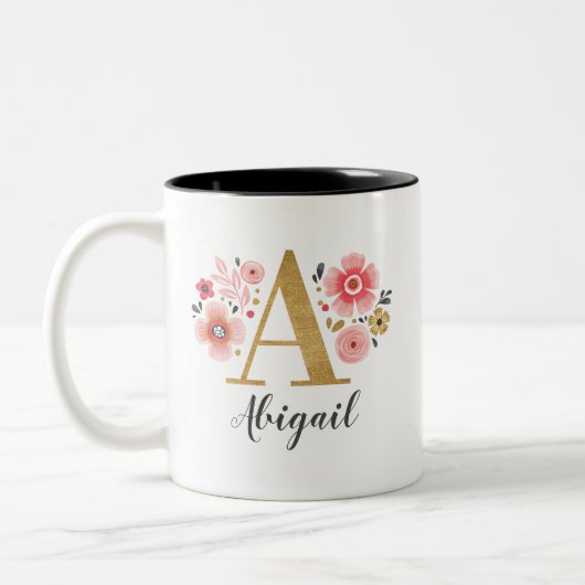 Roze Monogram Floral Tweekleurige Koffiemok (Links)