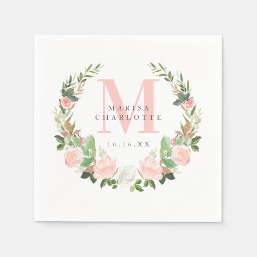 Roze monogram Floral Wreath Baptism Dedication Servet (Voorkant)
