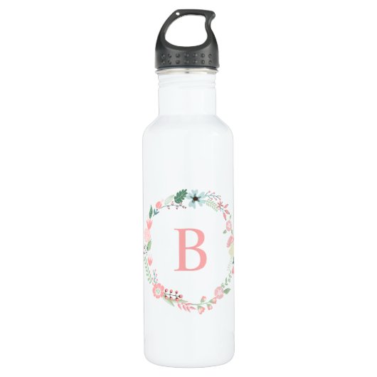 Roze Monogram Floral Wreath Waterfles (Voorkant)