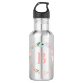 Roze Monogram Floral Wreath Waterfles (Voorkant)