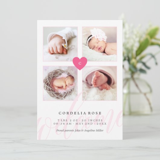 Roze monogram Foto Collage Baby Aankondiging (Staand voorkant)