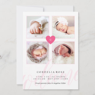 Roze monogram Foto Collage Baby Aankondiging