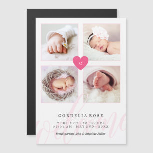 Roze monogram Foto Collage Baby Aankondiging