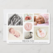 Roze Monogram Foto Collage Baby Hartelijk dank Aankondiging (Voorkant)