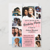 Roze Monogram Fotocollage Gelukkige Verjaardag Kaart (Voorkant)