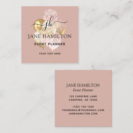 Roze Monogram Glitter Balloons Vierkante Visitekaartje (Voorkant / Achterkant)