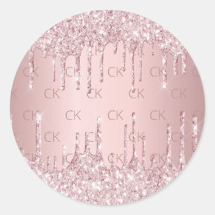 Roze monogram glitter druppels stoffig roos ronde sticker