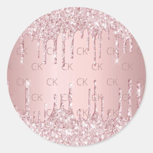 Roze monogram glitter druppels stoffig roos ronde sticker (Voorkant)