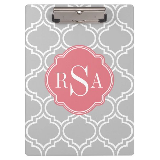 Roze monogram grijs rooster klembord (Voorkant)