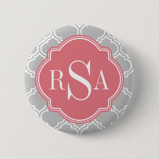 Roze monogram grijs rooster ronde button 5,7 cm (Voorkant)