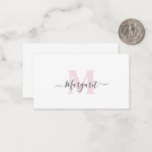 Roze Monogram Handgeschreven Script Naam Notitiekaartje (Voorkant / Achterkant in situ)