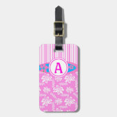 Roze Monogram Hawaiiaanse bloem en surfplank stran Bagagelabel (Voorkant verticaal)