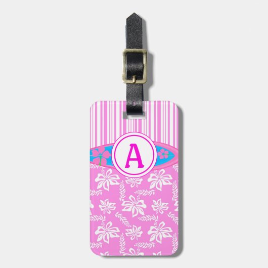 Roze Monogram Hawaiiaanse bloem en surfplank stran Bagagelabel (Voorkant verticaal)