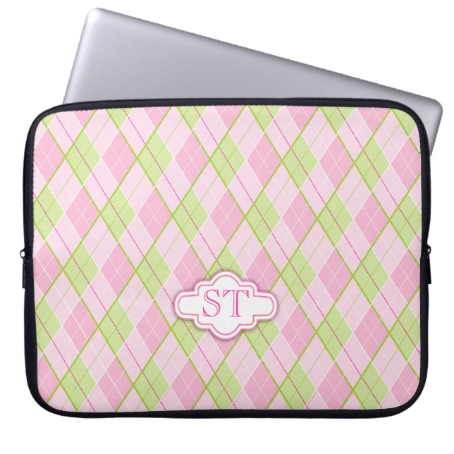 Roze monogram hoesje Argyle stijlpatroon Laptop Sleeve (Voorkant)