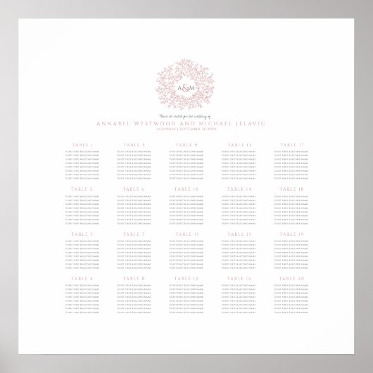 Roze monogram huwelijks- 20 tafels zitplaatsindeli poster (Voorkant)