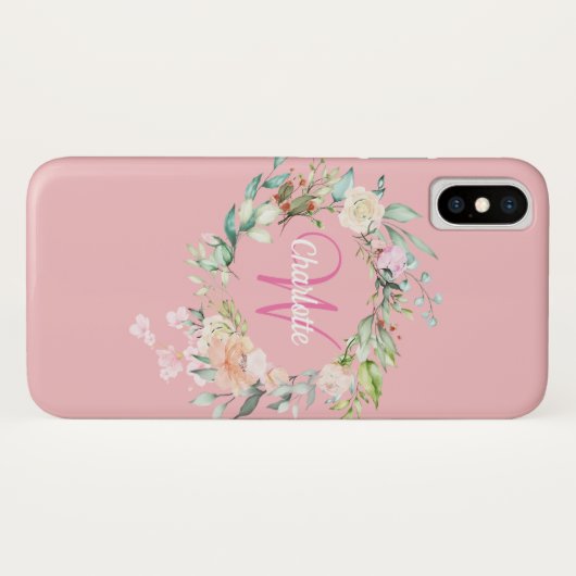 Roze Monogram Initiaal Rozen Bloem Case-Mate iPhone Case (Achterkant (horizontaal))
