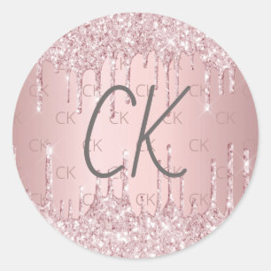 Roze monogram initialen stoffige roos glitter ronde sticker