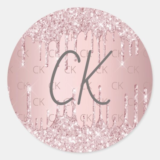 Roze monogram initialen stoffige roos glitter ronde sticker (Voorkant)