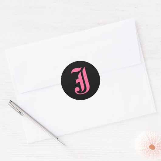 Roze Monogram J Ronde Sticker (Envelop)