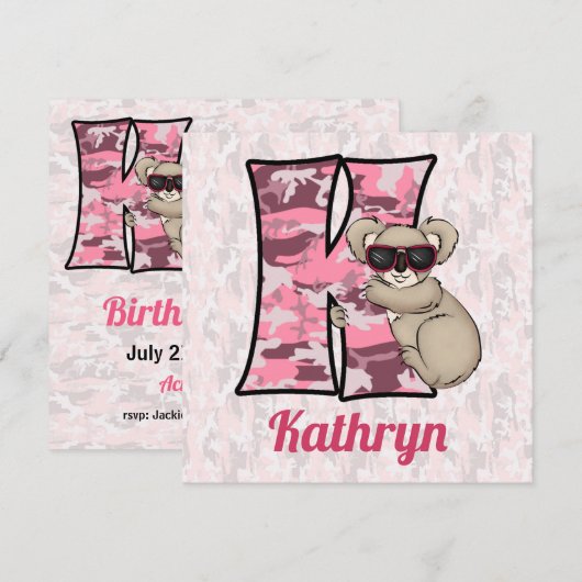 Roze Monogram K Kind Birthday Party Kaart (Voorkant / Achterkant)