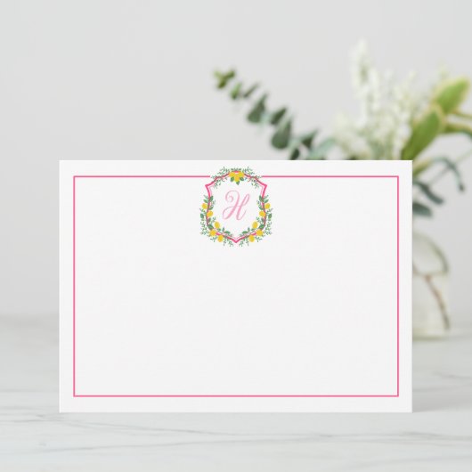 Roze Monogram Lemon Crest, aangepaste bedankkaart (Staand voorkant)