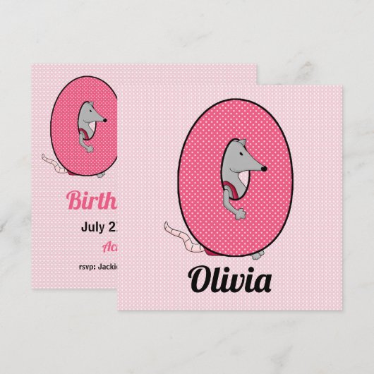 Roze Monogram Letter O Kind Birthday Party Kaart (Voorkant / Achterkant)