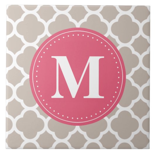Roze monogram Linen Gray Quatrefoil Patroon Tegeltje (Voorkant)